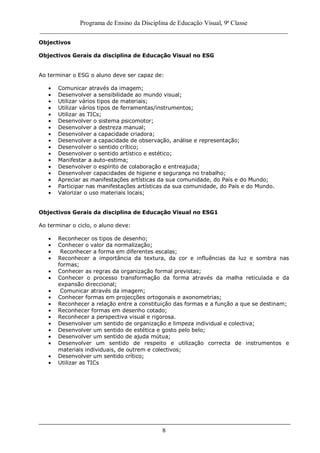 Programa de Ensino da Disciplina de Educação Visual, 9ª Classe
_____________________________________________________________________________
8
Objectivos
Objectivos Gerais da disciplina de Educação Visual no ESG
Ao terminar o ESG o aluno deve ser capaz de:
Comunicar através da imagem;
Desenvolver a sensibilidade ao mundo visual;
Utilizar vários tipos de materiais;
Utilizar vários tipos de ferramentas/instrumentos;
Utilizar as TICs;
Desenvolver o sistema psicomotor;
Desenvolver a destreza manual;
Desenvolver a capacidade criadora;
Desenvolver a capacidade de observação, análise e representação;
Desenvolver o sentido crítico;
Desenvolver o sentido artístico e estético;
Manifestar a auto-estima;
Desenvolver o espírito de colaboração e entreajuda;
Desenvolver capacidades de higiene e segurança no trabalho;
Apreciar as manifestações artísticas da sua comunidade, do País e do Mundo;
Participar nas manifestações artísticas da sua comunidade, do País e do Mundo.
Valorizar o uso materiais locais;
Objectivos Gerais da disciplina de Educação Visual no ESG1
Ao terminar o ciclo, o aluno deve:
Reconhecer os tipos de desenho;
Conhecer o valor da normalização;
Reconhecer a forma em diferentes escalas;
Reconhecer a importância da textura, da cor e influências da luz e sombra nas
formas;
Conhecer as regras da organização formal previstas;
Conhecer o processo transformação da forma através da malha reticulada e da
expansão direccional;
Comunicar através da imagem;
Conhecer formas em projecções ortogonais e axonometrias;
Reconhecer a relação entre a constituição das formas e a função a que se destinam;
Reconhecer formas em desenho cotado;
Reconhecer a perspectiva visual e rigorosa.
Desenvolver um sentido de organização e limpeza individual e colectiva;
Desenvolver um sentido de estética e gosto pelo belo;
Desenvolver um sentido de ajuda mútua;
Desenvolver um sentido de respeito e utilização correcta de instrumentos e
materiais individuais, de outrem e colectivos;
Desenvolver um sentido crítico;
Utilizar as TICs
 