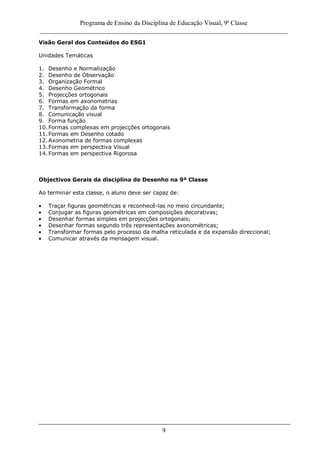 Programa de Ensino da Disciplina de Educação Visual, 9ª Classe
_____________________________________________________________________________
9
Visão Geral dos Conteúdos do ESG1
Unidades Temáticas
1. Desenho e Normalização
2. Desenho de Observação
3. Organização Formal
4. Desenho Geométrico
5. Projecções ortogonais
6. Formas em axonometrias
7. Transformação da forma
8. Comunicação visual
9. Forma função
10.Formas complexas em projecções ortogonais
11.Formas em Desenho cotado
12.Axonometria de formas complexas
13.Formas em perspectiva Visual
14.Formas em perspectiva Rigorosa
Objectivos Gerais da disciplina de Desenho na 9ª Classe
Ao terminar esta classe, o aluno deve ser capaz de:
Traçar figuras geométricas e reconhecê-las no meio circundante;
Conjugar as figuras geométricas em composições decorativas;
Desenhar formas simples em projecções ortogonais;
Desenhar formas segundo três representações axonométricas;
Transformar formas pelo processo da malha reticulada e da expansão direccional;
Comunicar através da mensagem visual.
 