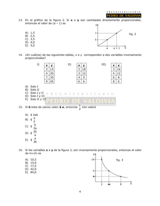 13. En el gráfico de la figura 2. Si x e y son cantidades directamente proporcionales, 
4 
entonces el valor de (a – 1) es 
A) 1,5 
B) 2,5 
C) 3,5 
D) 4,0 
E) 5,0 
7 
14. ¿En cuál(es) de las siguientes tablas, x e y corresponden a dos variables inversamente 
proporcionales? 
I) II) III) 
A) Solo I 
B) Solo II 
C) Solo I y II 
D) Solo I y III 
E) Solo II y III 
15. Si b kilos de clavos valen $ a, entonces 1 
2 
kilo valdrá 
A) $ 2ab 
B) $ a 
2 
C) $ b 
2a 
D) $ 2b 
a 
E) $ a 
2b 
16. Si las variables x e y de la figura 3, son inversamente proporcionales, entonces el valor 
de m+2n es 
A) 10,5 
B) 14,0 
C) 17,5 
D) 42,0 
E) 84,0 
fig. 2 
a a + 1 x 
y 
5 
x y 
3 15 
4 20 
7 35 
9 45 
x y 
2 18 
3 12 
4 9 
6 6 
x y 
3 16 
4 12 
6 8 
8 6 
fig. 3 
2 m 8 x 
y 
14 
- 
4 
n 
 