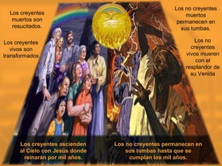 Los creyentes muertos son resucitados. Los no creyentes muertos permanecen en sus tumbas. Los creyentes vivos son transformados Los no creyentes vivos mueren con el resplandor de su Venida Los creyentes ascienden al Cielo con Jesús donde reinarán por mil años. Los no creyentes permanecen en sus tumbas hasta que se cumplan los mil años. 
