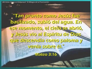 “ Tan pronto como Jesús fue bautizado, subió del agua. En ese momento, el cielo se abrió, y Jesús vio al Espíritu de Dios que descendía como paloma y venía sobre él. ” Mateo 3:16 “ ¡Mi Amor, Estoy en Embarazo!” El Milagro de la Procreación 