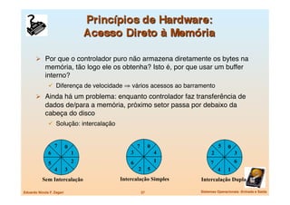   Por que o controlador puro não armazena diretamente os bytes na
             memória, tão logo ele os obtenha? Isto é, por que usar um buffer
             interno?
                 Diferença de velocidade ⇒ vários acessos ao barramento
         Ainda há um problema: enquanto controlador faz transferência de
             dados de/para a memória, próximo setor passa por debaixo da
             cabeça do disco 
                 Solução: intercalação


                   7        0                      7         0                 5     0
               6                1              3                 4         2             3
               5                2              6                 1        7              6
                   4        3                      2         5                 4     1
           Sem Intercalação                Intercalação Simples      Intercalação Dupla

Eduardo Nicola F. Zagari
                              27
           Sistemas Operacionais -Entrada e Saída
 