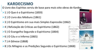 KARDECISMO
O Livro dos Espíritos serviu de base para mais oito obras de Kardec.
➢1 ) O Que é o Espiritismo (1859)
➢2 ) O Livro dos Médiuns (1861)
➢3 ) O Espiritismo em sua mais Simples Expressão (1862)
➢4 ) Refutação de Críticas ao Espiritismo (1862)
➢5 ) O Evangelho Segundo o Espiritismo (1864)
➢6 ) O Céu e o Inferno (1865)
➢7 ) A Gênese (1868)
➢8 ) Os Milagres e as Predições Segundo o Espiritismo (1868)
 
