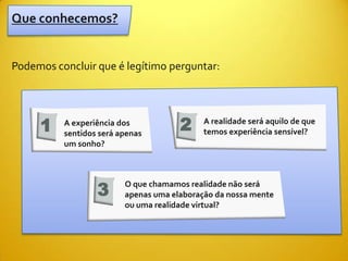 Que conhecemos?


Podemos concluir que é legítimo perguntar:




     1    A experiência dos
          sentidos será apenas
                                      2     A realidade será aquilo de que
                                            temos experiência sensível?
          um sonho?




                  3
                         O que chamamos realidade não será
                         apenas uma elaboração da nossa mente
                         ou uma realidade virtual?
 