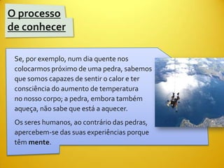 O processo
de conhecer

 Se, por exemplo, num dia quente nos
 colocarmos próximo de uma pedra, sabemos
 que somos capazes de sentir o calor e ter
 consciência do aumento de temperatura
 no nosso corpo; a pedra, embora também
 aqueça, não sabe que está a aquecer.
 Os seres humanos, ao contrário das pedras,
 apercebem-se das suas experiências porque
 têm mente.
 