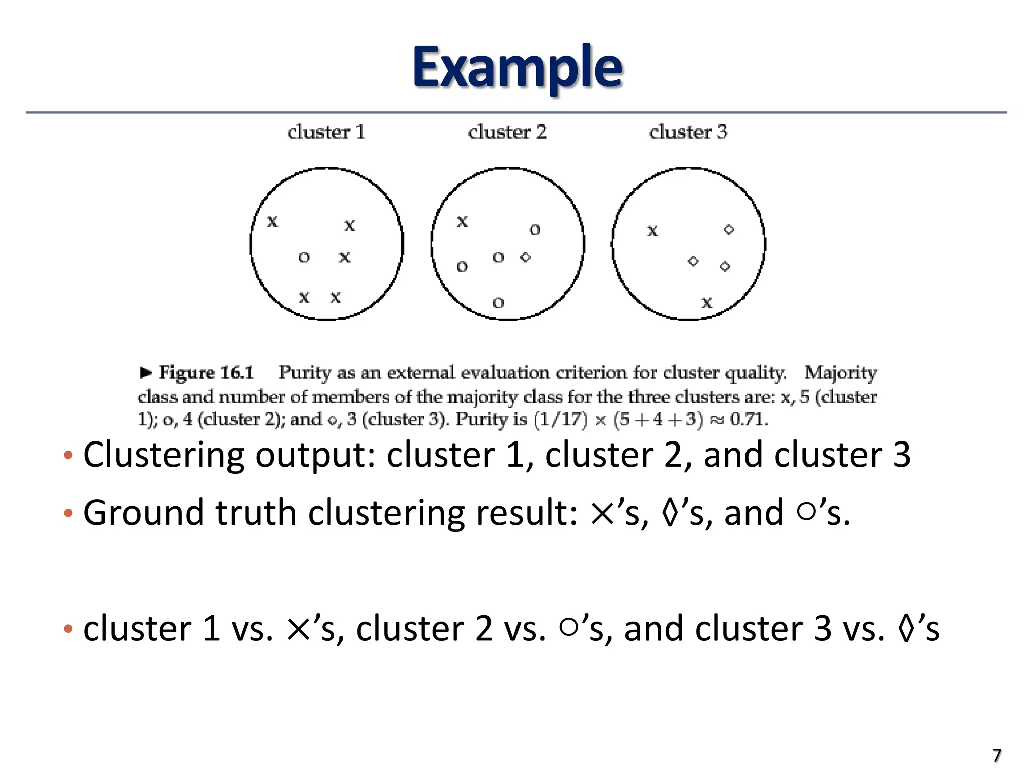Example
• Clustering output: cluster 1, cluster 2, and cluster 3
• Ground truth clustering result: ×’s, ◊’s, and ○’s.
• cluster 1 vs. ×’s, cluster 2 vs. ○’s, and cluster 3 vs. ◊’s
7
 