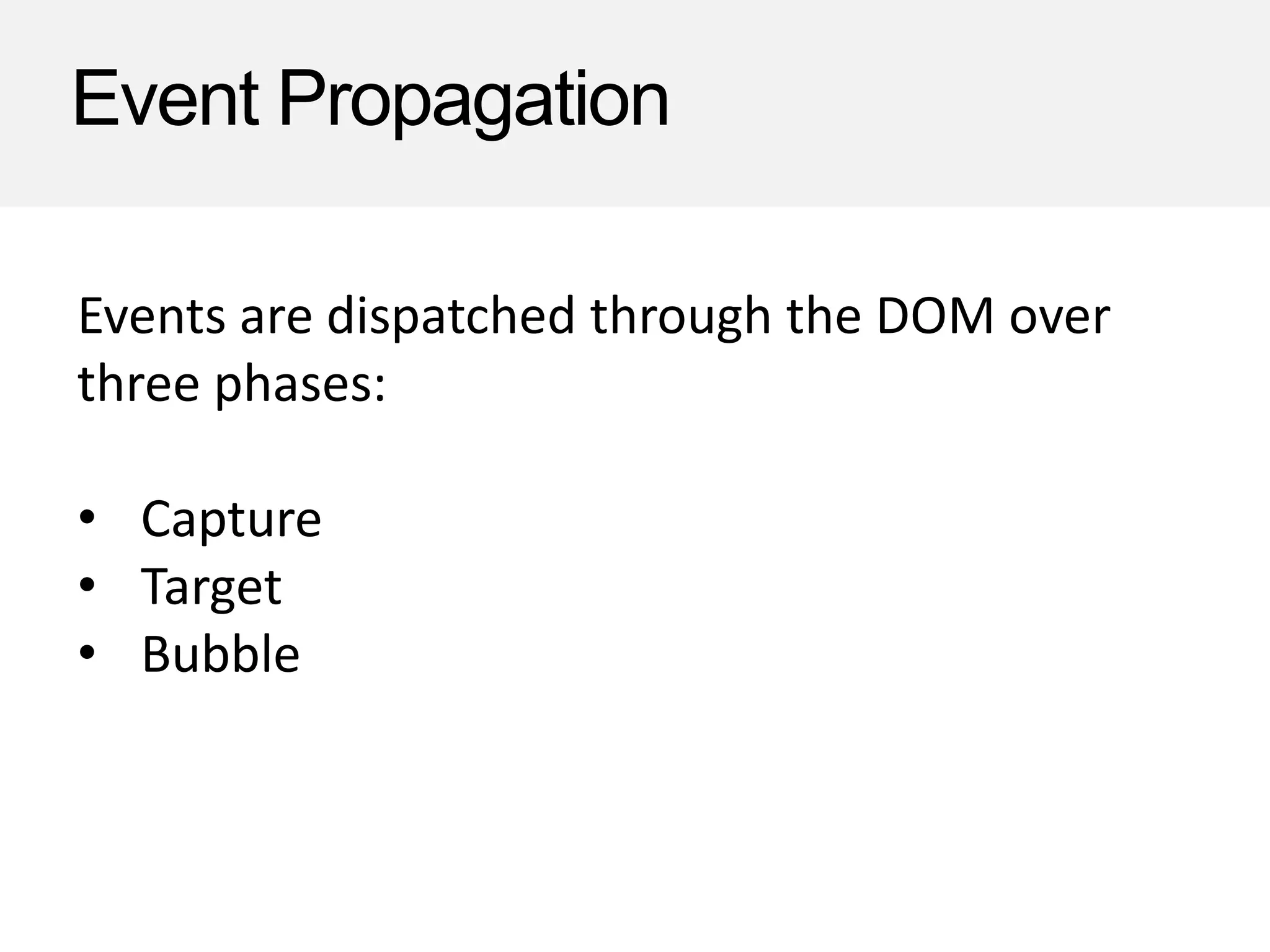 Event Propagation
Events are dispatched through the DOM over
three phases:
• Capture
• Target
• Bubble
 
