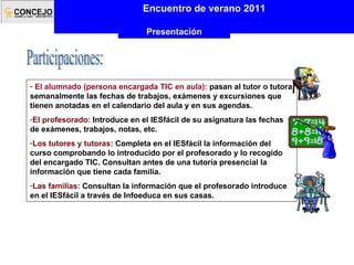 El alumnado (persona encargada TIC en aula):  pasan al tutor o tutora semanalmente las fechas de trabajos, exámenes y excursiones que tienen anotadas en el calendario del aula y en sus agendas. El profesorado:  Introduce en el IESfácil de su asignatura las fechas de exámenes, trabajos, notas, etc.  Los tutores y tutoras:  Completa en el IESfácil la información del curso comprobando lo introducido por el profesorado y lo recogido del encargado TIC. Consultan antes de una tutoría presencial la información que tiene cada familia. Las familias:  Consultan la información que el profesorado introduce en el IESfácil a través de Infoeduca en sus casas. Participaciones: Encuentro de verano 2011 Presentación 