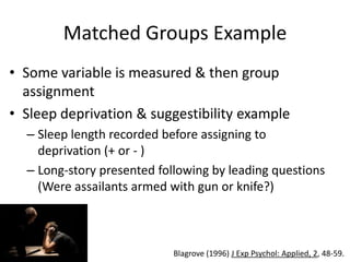 Matched Groups Example
• Some variable is measured & then group
  assignment
• Sleep deprivation & suggestibility example
  – Sleep length recorded before assigning to
    deprivation (+ or - )
  – Long-story presented following by leading questions
    (Were assailants armed with gun or knife?)



                            Blagrove (1996) J Exp Psychol: Applied, 2, 48-59.
 