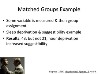 Matched Groups Example
• Some variable is measured & then group
  assignment
• Sleep deprivation & suggestibility example
• Results: 43, but not 21, hour deprivation
  increased suggestibility




                         Blagrove (1996) J Exp Psychol: Applied, 2, 48-59.
 