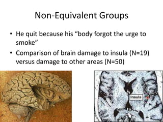 Non-Equivalent Groups
• He quit because his “body forgot the urge to
  smoke”
• Comparison of brain damage to insula (N=19)
  versus damage to other areas (N=50)
 