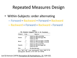 Repeated Measures Design
   • Within-Subjects: order alternating
        – Forward – Backward – Forward – Backward
        – Backward – Forward – Backward - Forward




Lee & Aronson (1974) Perception & Psychophysics, 15, 529-532.
 