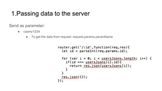 1.Passing data to the server
Send as parameter:
● /users/1234
● To get the data from request: request.params.paramName
 