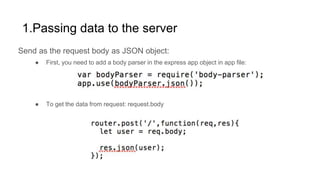 1.Passing data to the server
Send as the request body as JSON object:
● First, you need to add a body parser in the express app object in app file:
● To get the data from request: request.body
 