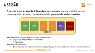 Marcelo Ribeiro - 2016
A SESSÃO
A sessão é um grupo de interações que ocorrem no seu website em um
determinado período. Um único usuário pode abrir várias sessões.
Vencimento com base no tempo (incluindo o fim do dia):
• Depois de 30 minutos de inatividade
• À meia-noite
Alteração de campanha:
• Se um usuário entra por meio de uma campanha, sai e depois volta por meio de outra campanha.
https://support.google.com/analytics/answer/2731565?hl=pt-BR
 