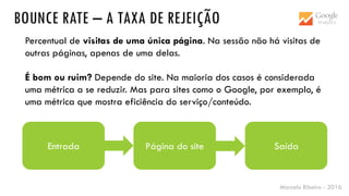 Marcelo Ribeiro - 2016
BOUNCE RATE – A TAXA DE REJEIÇÃO
Percentual de visitas de uma única página. Na sessão não há visitas de
outras páginas, apenas de uma delas.
É bom ou ruim? Depende do site. Na maioria dos casos é considerada
uma métrica a se reduzir. Mas para sites como o Google, por exemplo, é
uma métrica que mostra eficiência do serviço/conteúdo.
Entrada Página do site Saída
 