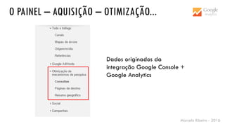 Marcelo Ribeiro - 2016
O PAINEL – AQUISIÇÃO – OTIMIZAÇÃO...
Dados originados da
integração Google Console +
Google Analytics
 