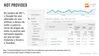Marcelo Ribeiro - 2016
NOT PROVIDED
Em outubro de 2011,
o Google fez uma
alteração em suas
políticas e deixou de
exibir a palavra-
chave de origem de
todos os usuários que
estivessem logados
em seus serviços
(incluindo o Gmail e
o Youtube).
http://resultadosdigitais.com.br/blog/not-provided-por-que-esse-termo-aparece-entre-as-
palavras-chave-que-trazem-trafego-e-como-lidar/
 