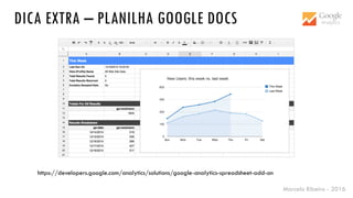 Marcelo Ribeiro - 2016
https://developers.google.com/analytics/solutions/google-analytics-spreadsheet-add-on
DICA EXTRA – PLANILHA GOOGLE DOCS
 