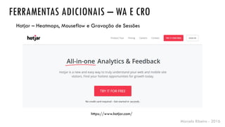 Marcelo Ribeiro - 2016
FERRAMENTAS ADICIONAIS – WA E CRO
https://www.hotjar.com/
Hotjar – Heatmaps, Mouseflow e Gravação de Sessões
 