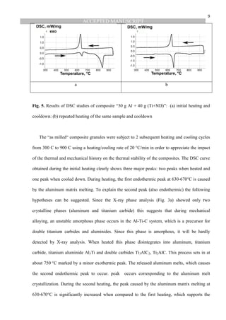 ACCEPTED MANUSCRIPT
9
a b
Fig. 5. Results of DSC studies of composite “30 g Al + 40 g (Ti+ND)”: (a) initial heating and
cooldown: (b) repeated heating of the same sample and cooldown
The “as milled“ composite granules were subject to 2 subsequent heating and cooling cycles
from 300 C to 900 C using a heating/cooling rate of 20 °C/min in order to appreciate the impact
of the thermal and mechanical history on the thermal stability of the composites. The DSC curve
obtained during the initial heating clearly shows three major peaks: two peaks when heated and
one peak when cooled down. During heating, the first endothermic peak at 630-670°С is caused
by the aluminum matrix melting. To explain the second peak (also endothermic) the following
hypotheses can be suggested. Since the X-ray phase analysis (Fig. 3a) showed only two
crystalline phases (aluminum and titanium carbide) this suggests that during mechanical
alloying, an unstable amorphous phase occurs in the Al-Ti-C system, which is a precursor for
double titanium carbides and aluminides. Since this phase is amorphous, it will be hardly
detected by X-ray analysis. When heated this phase disintegrates into aluminum, titanium
carbide, titanium aluminide Al3Ti and double carbides Ti3AlC2, Ti2AlC. This process sets in at
about 750 °C marked by a minor exothermic peak. The released aluminum melts, which causes
the second endothermic peak to occur. peak occurs corresponding to the aluminum melt
crystallization. During the second heating, the peak caused by the aluminum matrix melting at
630-670°С is significantly increased when compared to the first heating, which supports the
 