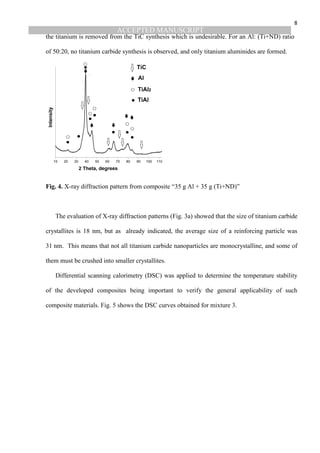 ACCEPTED MANUSCRIPT
8
the titanium is removed from the TiC synthesis which is undesirable. For an Al: (Ti+ND) ratio
of 50:20, no titanium carbide synthesis is observed, and only titanium aluminides are formed.
Fig. 4. X-ray diffraction pattern from composite “35 g Al + 35 g (Ti+ND)”
The evaluation of X-ray diffraction patterns (Fig. 3a) showed that the size of titanium carbide
crystallites is 18 nm, but as already indicated, the average size of a reinforcing particle was
31 nm. This means that not all titanium carbide nanoparticles are monocrystalline, and some of
them must be crushed into smaller crystallites.
Differential scanning calorimetry (DSC) was applied to determine the temperature stability
of the developed composites being important to verify the general applicability of such
composite materials. Fig. 5 shows the DSC curves obtained for mixture 3.
 