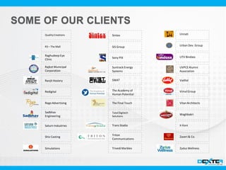 Sony PIX
Suntrack Energy
Systems
SWAT
The Academy of
Human Potential
The Final Touch
Trans Stadia
Triton
Communications
Trivedi Marbles
Unnati
Urban Dev. Group
UTV Bindass
UVPCE Alumni
Association
Vadilal
Vimal Group
Vitan Architects
Waghbakri
Zaveri & Co.
Zydus Wellness
TotalDigitech
Solutions
X-lliant
Sintex
SIS Group
Raghudeep Eye
Clinic
Rajkot Municipal
Corporation
Ranjit Hosiery
Redigital
Rego Advertising
Sadbhav
Engineering
Saturn Industries
Shiv Casting
Simulations
QualityCreations
R3 – The Mall
 