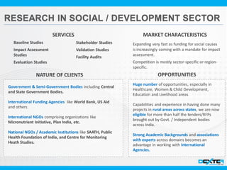 Baseline Studies
Impact Assessment
Studies
Evaluation Studies
SERVICES
Stakeholder Studies
Validation Studies
Facility Audits
Government & Semi-Government Bodies including Central
and State Government Bodies.
International Funding Agencies like World Bank, US Aid
and others.
International NGOs comprising organizations like
Micronutrient Initiative, Plan India, etc.
National NGOs / Academic Institutions like SAATH, Public
Health Foundation of India, and Centre for Monitoring
Heath Studies.
NATURE OF CLIENTS
Expanding very fast as funding for social causes
is increasingly coming with a mandate for impact
assessment.
Competition is mostly sector-specific or region-
specific.
MARKET CHARACTERISTICS
Huge number of opportunities, especially in
Healthcare, Women & Child Development,
Education and Livelihood areas
Capabilities and experience in having done many
projects in rural areas across states, we are now
eligible for more than half the tenders/RFPs
brought out by Govt. / Independent bodies
across India.
Strong Academic Backgrounds and associations
with experts across domains becomes an
advantage in working with International
Agencies.
OPPORTUNITIES
 