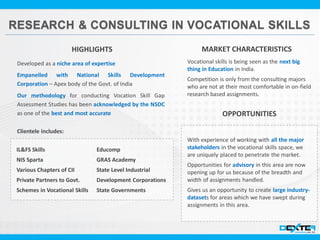 Vocational skills is being seen as the next big
thing in Education in India.
Competition is only from the consulting majors
who are not at their most comfortable in on-field
research based assignments.
MARKET CHARACTERISTICS
With experience of working with all the major
stakeholders in the vocational skills space, we
are uniquely placed to penetrate the market.
Opportunities for advisory in this area are now
opening up for us because of the breadth and
width of assignments handled.
Gives us an opportunity to create large industry-
datasets for areas which we have swept during
assignments in this area.
OPPORTUNITIES
HIGHLIGHTS
IL&FS Skills
NIS Sparta
Various Chapters of CII
Private Partners to Govt.
Schemes in Vocational Skills
Developed as a niche area of expertise
Empanelled with National Skills Development
Corporation – Apex body of the Govt. of India
Our methodology for conducting Vocation Skill Gap
Assessment Studies has been acknowledged by the NSDC
as one of the best and most accurate
Clientele includes:
Educomp
GRAS Academy
State Level Industrial
Development Corporations
State Governments
 