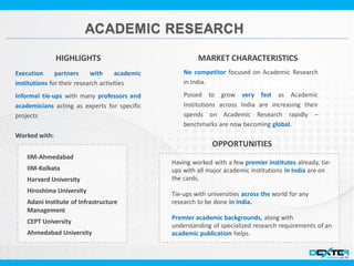 IIM-Ahmedabad
IIM-Kolkata
Harvard University
Hiroshima University
Adani Institute of Infrastructure
Management
CEPT University
Ahmedabad University
Execution partners with academic
institutions for their research activities
Informal tie-ups with many professors and
academicians acting as experts for specific
projects
Worked with:
HIGHLIGHTS
No competitor focused on Academic Research
in India.
Poised to grow very fast as Academic
Institutions across India are increasing their
spends on Academic Research rapidly –
benchmarks are now becoming global.
MARKET CHARACTERISTICS
Having worked with a few premier institutes already, tie-
ups with all major academic institutions in India are on
the cards.
Tie-ups with universities across the world for any
research to be done in India.
Premier academic backgrounds, along with
understanding of specialized research requirements of an
academic publication helps.
OPPORTUNITIES
 