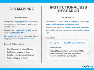 Slum Mapping in 3 cities of Orissa
Public Asset Mapping in Dubai
Land Surveying Exercises in Gujarat
Retailer Mapping in Gujarat
Emerged as a huge opportunity to leverage
our strengths in technology as well as large
scale field work
Already have credentials in GIS specific
work; very little competition
GIS specific JV with a Hyderabad based
company which is into GIS for 25+ years
Our work till date includes:
HIGHLIGHTS HIGHLIGHTS
Developed as a niche area of expertise, since larger
players are highly priced and less interested
Requires the ability to conduct qualitative interviews
with middle and top management personnel at a large
scale
Credentials:
30+ projects 1,25,000+ mgmt interviews
Sectors include:
Media, BFSI, Agriculture, Engineering, FMCG,
Retail, Real Estate, Education, Healthcare,
Consumer Electronics, Exports, etc.
 