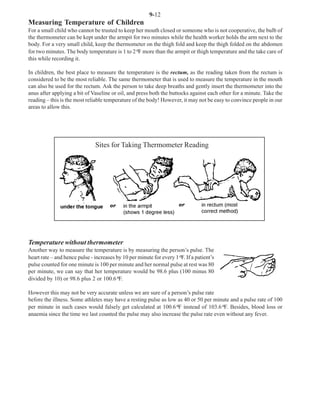 9-12
Measuring Temperature of Children
For a small child who cannot be trusted to keep her mouth closed or someone who is not cooperative, the bulb of
the thermometer can be kept under the armpit for two minutes while the health worker holds the arm next to the
body. For a very small child, keep the thermometer on the thigh fold and keep the thigh folded on the abdomen
for two minutes. The body temperature is 1 to 2° more than the armpit or thigh temperature and the take care of
                                                 F
this while recording it.

In children, the best place to measure the temperature is the rectum, as the reading taken from the rectum is
considered to be the most reliable. The same thermometer that is used to measure the temperature in the mouth
can also be used for the rectum. Ask the person to take deep breaths and gently insert the thermometer into the
anus after applying a bit of Vaseline or oil, and press both the buttocks against each other for a minute. Take the
reading – this is the most reliable temperature of the body! However, it may not be easy to convince people in our
areas to allow this.




                              Sites for Taking Thermometer Reading




Temperature without thermometer
Another way to measure the temperature is by measuring the person’s pulse. The
heart rate – and hence pulse - increases by 10 per minute for every 1° If a patient’s
                                                                      F.
pulse counted for one minute is 100 per minute and her normal pulse at rest was 80
per minute, we can say that her temperature would be 98.6 plus (100 minus 80
divided by 10) or 98.6 plus 2 or 100.6°   F.

However this may not be very accurate unless we are sure of a person’s pulse rate
before the illness. Some athletes may have a resting pulse as low as 40 or 50 per minute and a pulse rate of 100
per minute in such cases would falsely get calculated at 100.6° instead of 103.6° Besides, blood loss or
                                                                  F                   F.
anaemia since the time we last counted the pulse may also increase the pulse rate even without any fever.
 