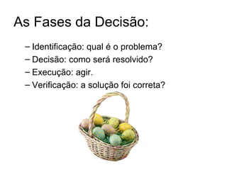 As Fases da Decisão:
 – Identificação: qual é o problema?
 – Decisão: como será resolvido?
 – Execução: agir.
 – Verificação: a solução foi correta?
 