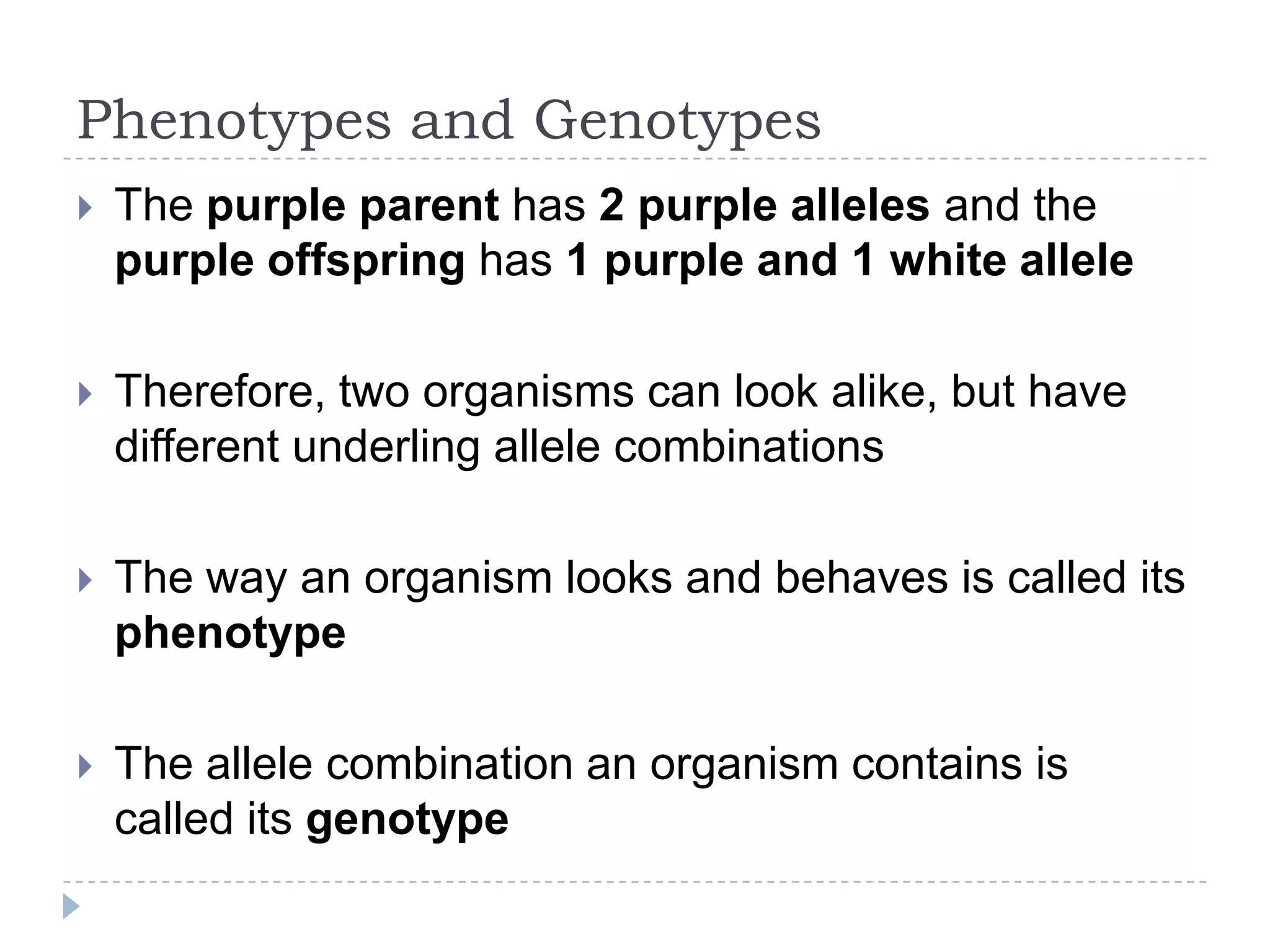 Phenotypes and Genotypes


The purple parent has 2 purple alleles and the
purple offspring has 1 purple and 1 white allele



Therefore, two organisms can look alike, but have
different underling allele combinations



The way an organism looks and behaves is called its
phenotype



The allele combination an organism contains is
called its genotype

 