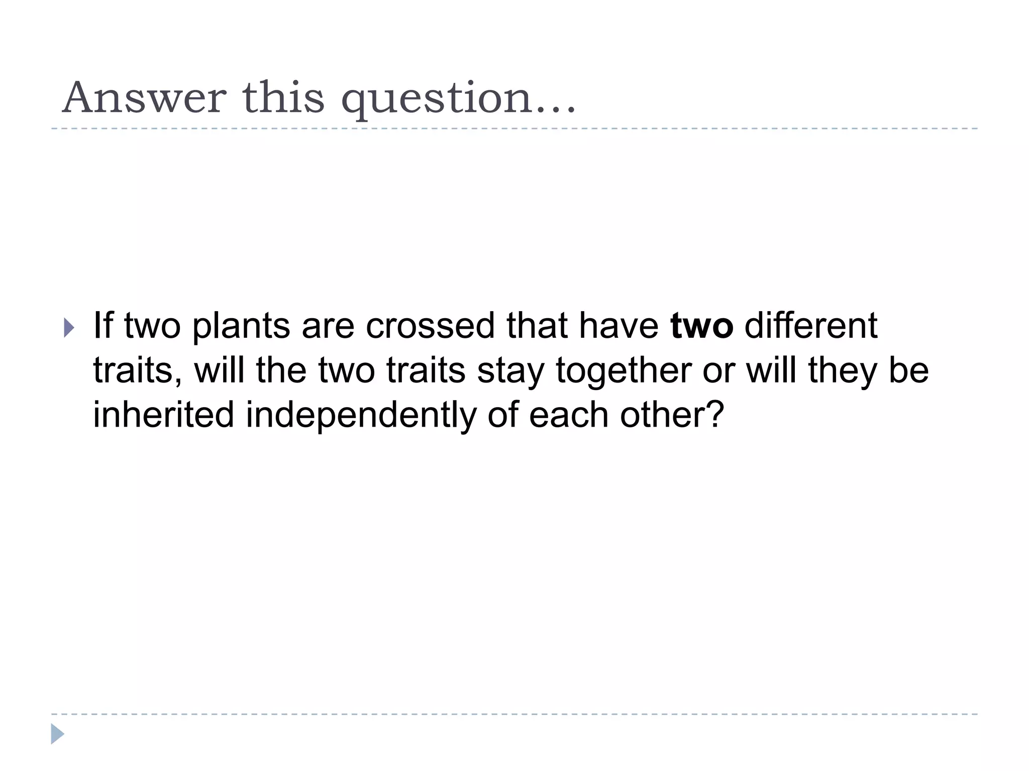 Answer this question…



If two plants are crossed that have two different
traits, will the two traits stay together or will they be
inherited independently of each other?

 