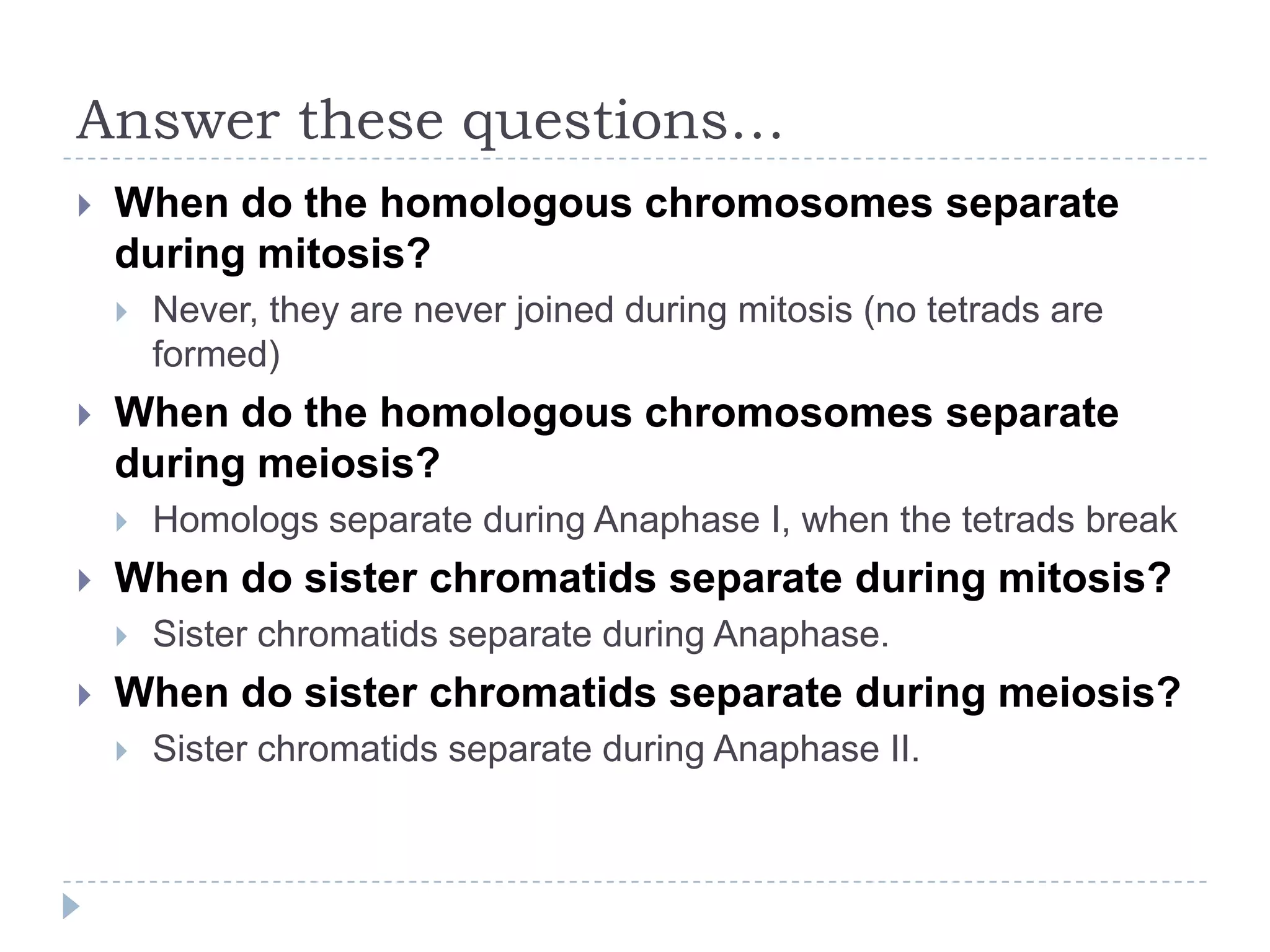 Answer these questions…


When do the homologous chromosomes separate
during mitosis?




When do the homologous chromosomes separate
during meiosis?




Homologs separate during Anaphase I, when the tetrads break

When do sister chromatids separate during mitosis?




Never, they are never joined during mitosis (no tetrads are
formed)

Sister chromatids separate during Anaphase.

When do sister chromatids separate during meiosis?


Sister chromatids separate during Anaphase II.

 