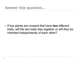 Answer this question…



If two plants are crossed that have two different
traits, will the two traits stay together or will they be
inherited independently of each other?

 