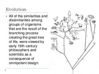 Evolution


All of the similarities and
dissimilarities among
groups of organisms
that are the result of the
branching process
creating the great tree
of life, were viewed by
early 19th century
philosophers and
scientists as a
consequence of
omnipotent design.

 