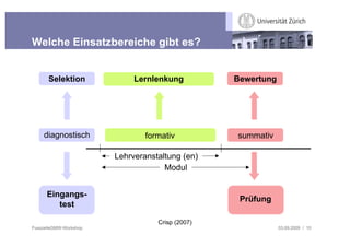 Welche Einsatzbereiche gibt es?


      Selektion              Lernlenkung          Bewertung




     diagnostisch               formativ          summativ

                        Lehrveranstaltung (en)
                                     Modul


      Eingangs-
                                                   Prüfung
         test

                                   Crisp (2007)
FusszeileGMW-Workshop                                         03.09.2009 / 10
 