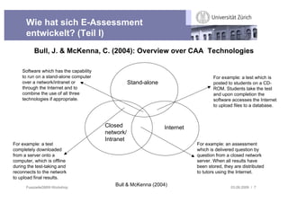 Wie hat sich E-Assessment
      entwickelt? (Teil I)
          Bull, J. & McKenna, C. (2004): Overview over CAA Technologies

    Software which has the capability
    to run on a stand-alone computer                                                For example: a test which is
    over a network/intranet or                     Stand-alone                      posted to students on a CD-
    through the Internet and to                                                     ROM. Students take the test
    combine the use of all three                                                    and upon completion the
    technologies if appropriate.                                                    software accesses the Internet
                                                                                    to upload files to a database.



                                        Closed                   Internet
                                        network/
                                        Intranet
For example: a test                                                         For example: an assessment
completely downloaded                                                       which is delivered question by
from a server onto a                                                        question from a closed network
computer, which is offline                                                  server. When all results have
during the test-taking and                                                  been stored, they are distributed
reconnects to the network                                                   to tutors using the Internet.
to upload final results.

      FusszeileGMW-Workshop
                                           Bull & McKenna (2004)                            03.09.2009 / 7
 