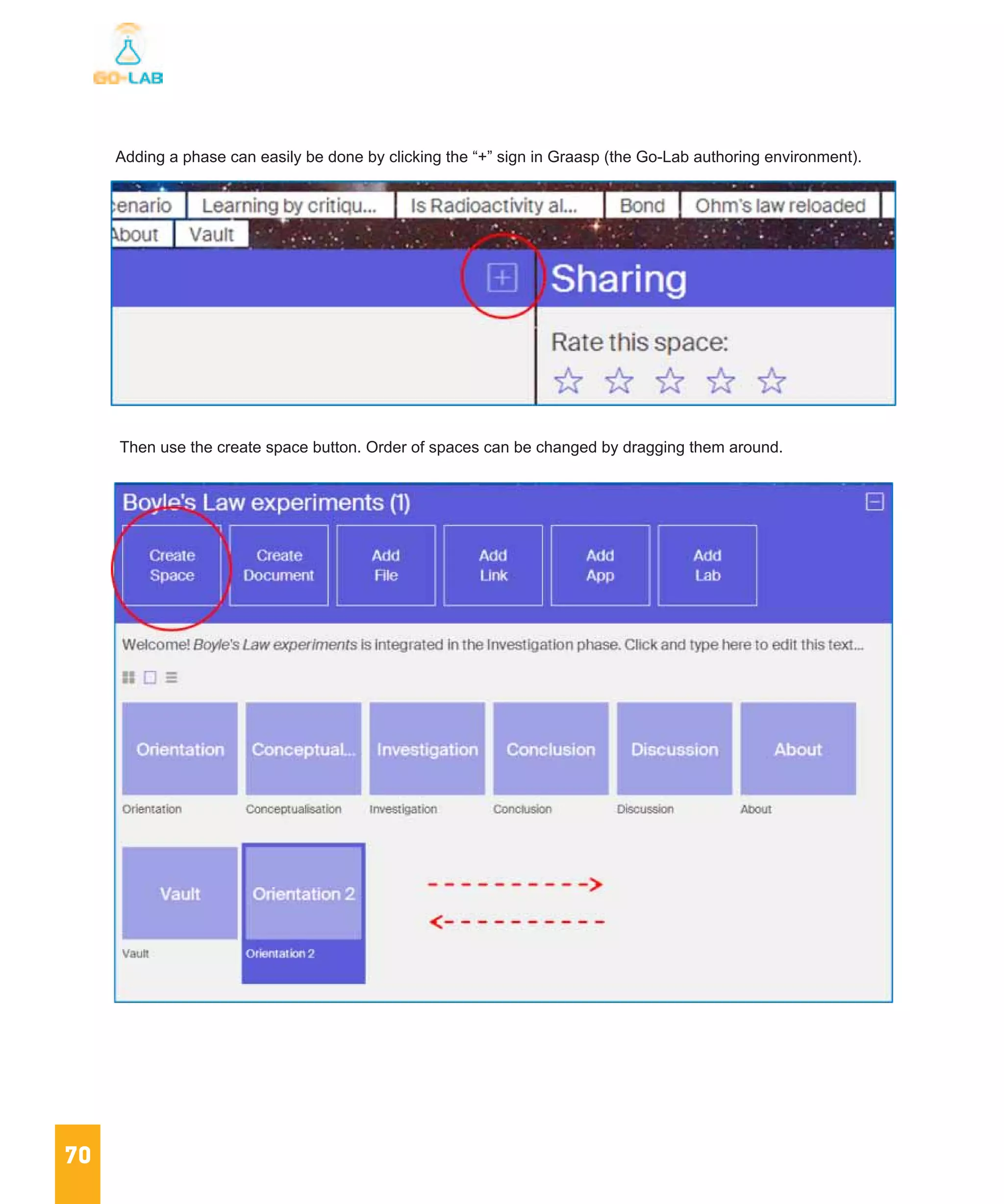 70
Adding a phase can easily be done by clicking the “+” sign in Graasp (the Go-Lab authoring environment).
 Then use the create space button. Order of spaces can be changed by dragging them around.
 