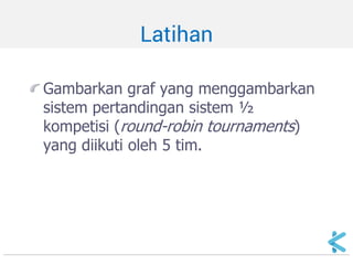 Latihan 
•Gambarkan graf yang menggambarkan sistem pertandingan sistem ½ kompetisi (round-robin tournaments) yang diikuti oleh 5 tim. 