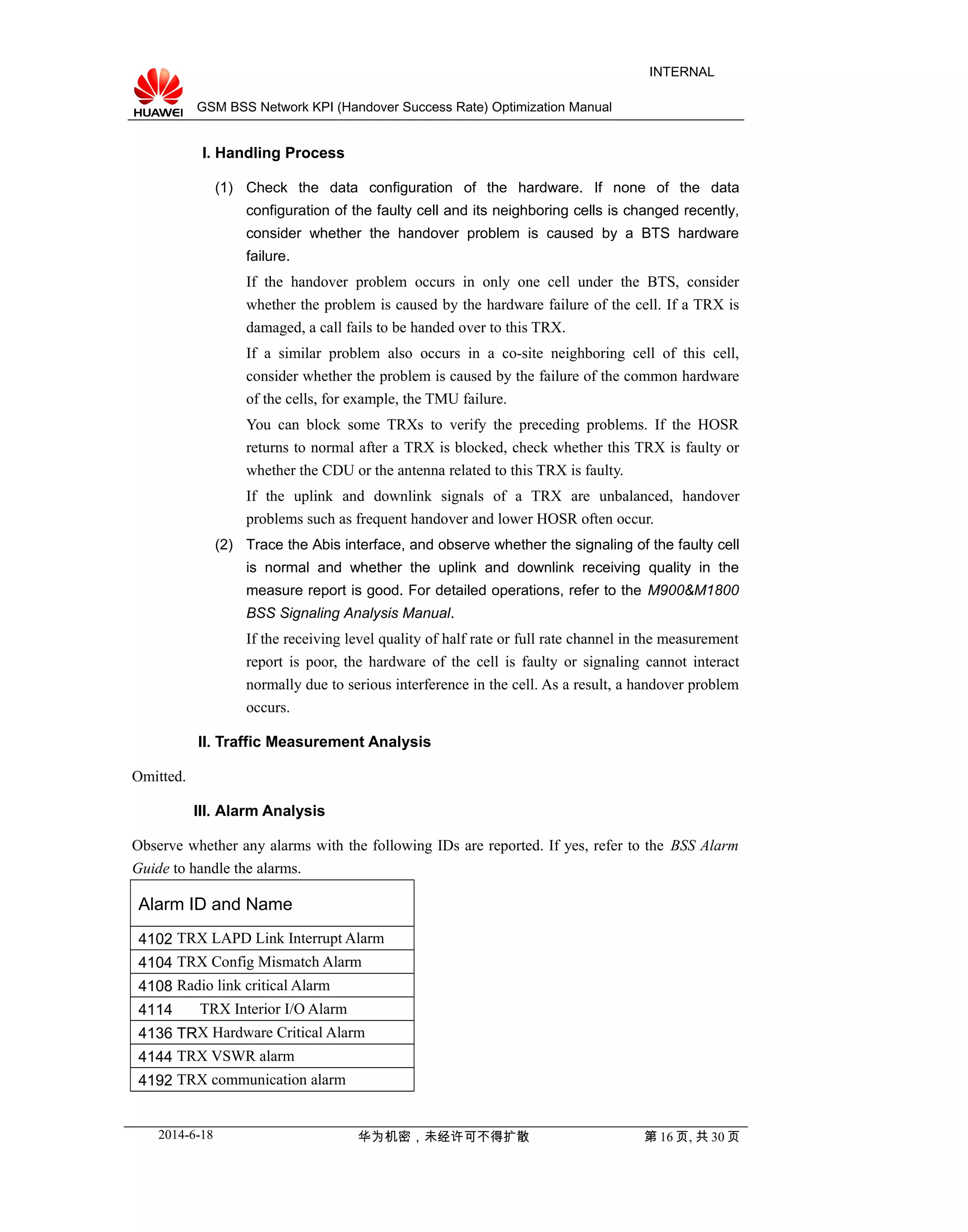 GSM BSS Network KPI (Handover Success Rate) Optimization Manual
INTERNAL
I. Handling Process
(1) Check the data configuration of the hardware. If none of the data
configuration of the faulty cell and its neighboring cells is changed recently,
consider whether the handover problem is caused by a BTS hardware
failure.
If the handover problem occurs in only one cell under the BTS, consider
whether the problem is caused by the hardware failure of the cell. If a TRX is
damaged, a call fails to be handed over to this TRX.
If a similar problem also occurs in a co-site neighboring cell of this cell,
consider whether the problem is caused by the failure of the common hardware
of the cells, for example, the TMU failure.
You can block some TRXs to verify the preceding problems. If the HOSR
returns to normal after a TRX is blocked, check whether this TRX is faulty or
whether the CDU or the antenna related to this TRX is faulty.
If the uplink and downlink signals of a TRX are unbalanced, handover
problems such as frequent handover and lower HOSR often occur.
(2) Trace the Abis interface, and observe whether the signaling of the faulty cell
is normal and whether the uplink and downlink receiving quality in the
measure report is good. For detailed operations, refer to the M900&M1800
BSS Signaling Analysis Manual.
If the receiving level quality of half rate or full rate channel in the measurement
report is poor, the hardware of the cell is faulty or signaling cannot interact
normally due to serious interference in the cell. As a result, a handover problem
occurs.
II. Traffic Measurement Analysis
Omitted.
III. Alarm Analysis
Observe whether any alarms with the following IDs are reported. If yes, refer to the BSS Alarm
Guide to handle the alarms.
Alarm ID and Name
4102 TRX LAPD Link Interrupt Alarm
4104 TRX Config Mismatch Alarm
4108 Radio link critical Alarm
4114 TRX Interior I/O Alarm
4136 TRX Hardware Critical Alarm
4144 TRX VSWR alarm
4192 TRX communication alarm
2014-6-18 华为机密，未经许可不得扩散 第 16 页, 共 30 页
 