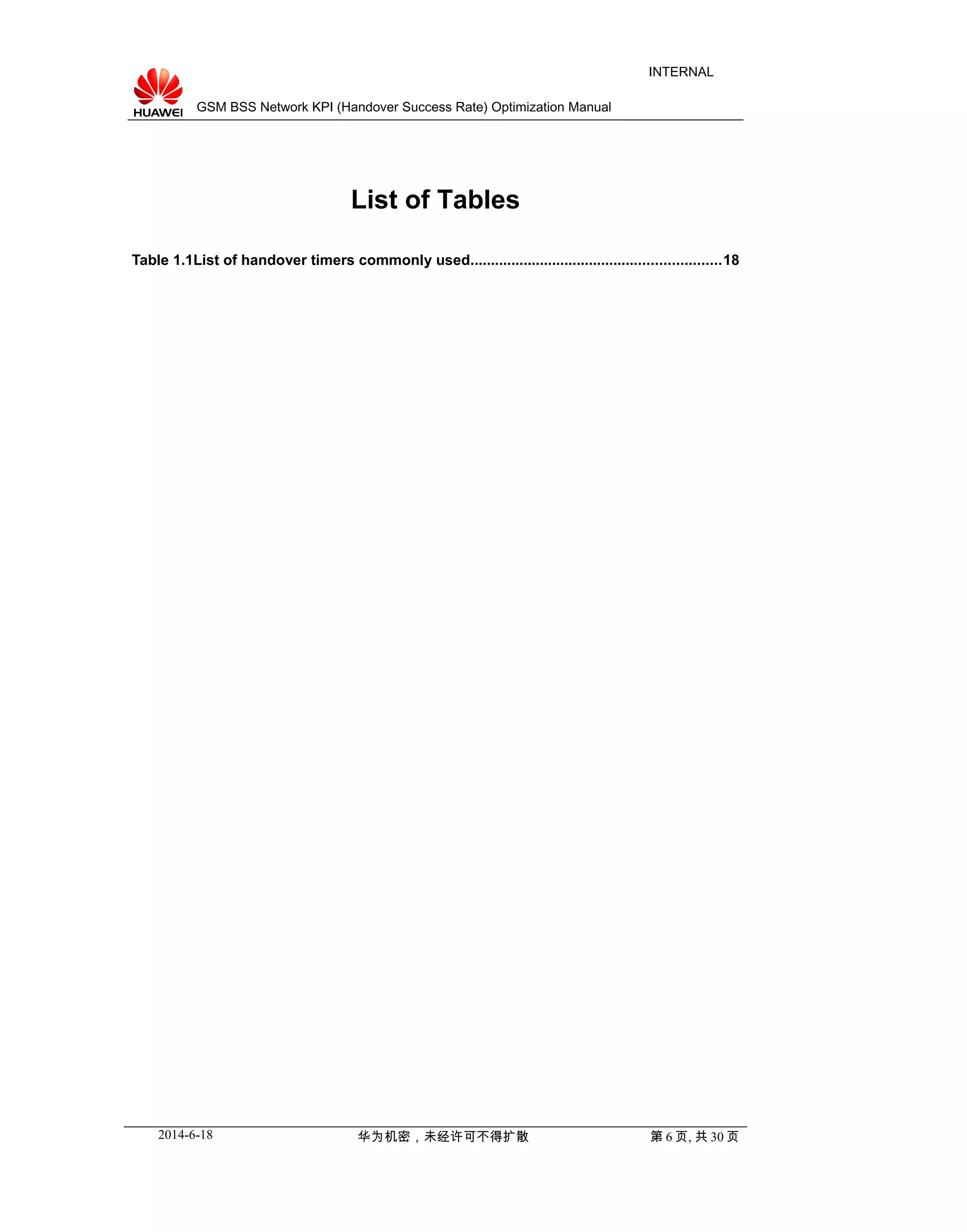 GSM BSS Network KPI (Handover Success Rate) Optimization Manual
INTERNAL
List of Tables
Table 1.1List of handover timers commonly used.............................................................18
2014-6-18 华为机密，未经许可不得扩散 第 6 页, 共 30 页
 