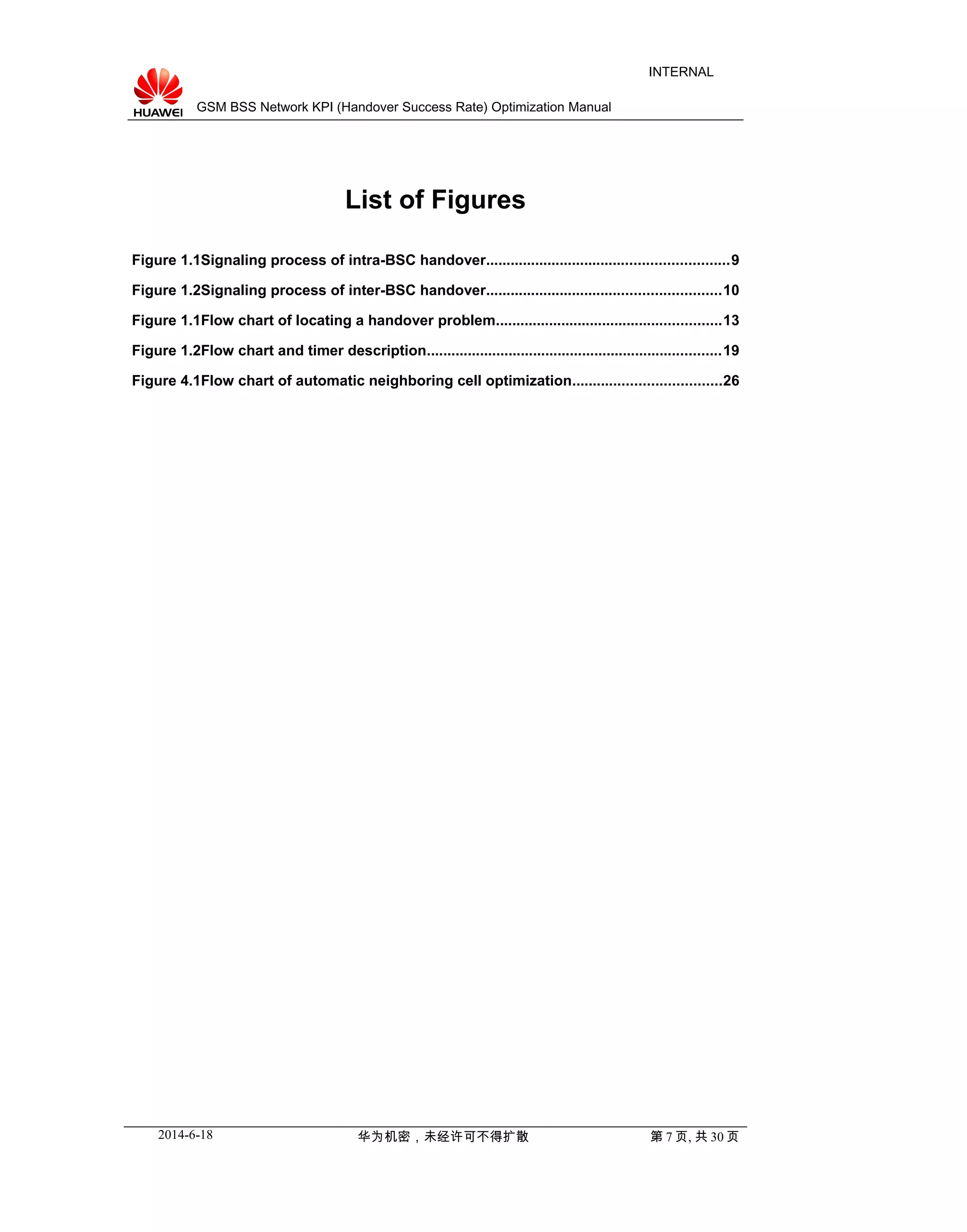 GSM BSS Network KPI (Handover Success Rate) Optimization Manual
INTERNAL
List of Figures
Figure 1.1Signaling process of intra-BSC handover...........................................................9
Figure 1.2Signaling process of inter-BSC handover.........................................................10
Figure 1.1Flow chart of locating a handover problem.......................................................13
Figure 1.2Flow chart and timer description........................................................................19
Figure 4.1Flow chart of automatic neighboring cell optimization....................................26
2014-6-18 华为机密，未经许可不得扩散 第 7 页, 共 30 页
 