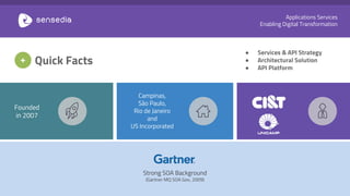 Applications Services
Enabling Digital Transformation
Quick Facts
Founded
in 2007
Campinas,
São Paulo,
Rio de Janeiro
and
US Incorporated
Strong SOA Background
(Gartner MQ SOA Gov, 2009)
+
● Services & API Strategy
● Architectural Solution
● API Platform
 