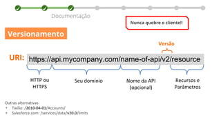 Documentação
Versão
URI: https://api.mycompany.com/name-of-api/v2/resource
HTTP ou
HTTPS
Seu domínio Nome da API
(opcional)
Recursos e
Parâmetros
Outras alternativas:
• Twilio: /2010-04-01/Accounts/
• Salesforce.com: /services/data/v20.0/limits
Versionamento
Nunca quebre o cliente!!
 