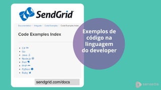 Exemplos de
código na
linguagem
do developer
sendgrid.com/docs
 