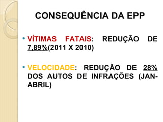 CONSEQUÊNCIA DA EPP

   VÍTIMAS FATAIS:      REDUÇÃO   DE
    7,89%(2011 X 2010)

   VELOCIDADE: REDUÇÃO DE 28%
    DOS AUTOS DE INFRAÇÕES (JAN-
    ABRIL)
 
