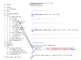 worker.exdefmodule	PoolManagement.Worker	do	
		use	GenServer	
		#	Public	APIs	
		def	index_page(url,	source)	do	
		end	
		def	chapter_page([chapter_link,	source])	do	
		end	
		def	page_image([page_link,	source])	do	
		end	
		def	page_download_image(image_data,	directory)	do	
		end	
		#	internal	GenServer	implementation	
		def	handle_call({:chapter_page,	chapter_link,	source},	_from,	state)	do	
		end	
		def	handle_call({:page_image,	page_link,	source},	_from,	state)	do	
		end	
		def	handle_call({:page_download_image,	image_data,	directory},	_from,	state)
	end	
		##	Helper	functions	
		defp	manga_source(source,	module)	do	
				case	source	do	
						"mangafox"				->	:"Elixir.ExMangaDownloadr.Mangafox.#{module}"	
						"mangareader"	->	:"Elixir.ExMangaDownloadr.MangaReader.#{module}"	
				end	
		end	
		defp	download_image({image_src,	image_filename},	directory)	do	
		end	
end
.
!"" _build
# $"" ...
!"" config
# $"" config.exs
!"" deps
# !"" ...
!"" ex_manga_downloadr
!"" lib
# !"" ex_manga_downloadr
# # !"" cli.ex
# # !"" mangafox
# # # !"" chapter_page.ex
# # # !"" index_page.ex
# # # $"" page.ex
# # !"" mangareader
# # # !"" chapter_page.ex
# # # !"" index_page.ex
# # # $"" page.ex
# # !"" pool_management
# # # !"" supervisor.ex
# # # $"" worker.ex
# # $"" workflow.ex
# !"" ex_manga_downloadr.ex
# $"" pool_management.ex
!"" mix.exs
!"" mix.lock
!"" README.md
$"" test
!"" ex_manga_downloadr
# !"" mangafox_test.exs
# $"" mangareader_test.exs
!"" ex_manga_downloadr_test.exs
$"" test_helper.exs
61 directories, 281 files
 